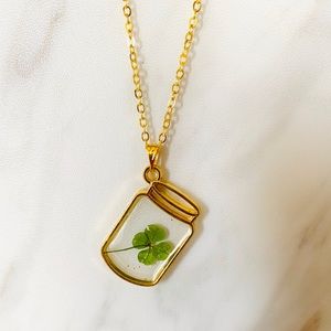 5/$25 Gold Mason Jar Four Leaf Clover Necklace